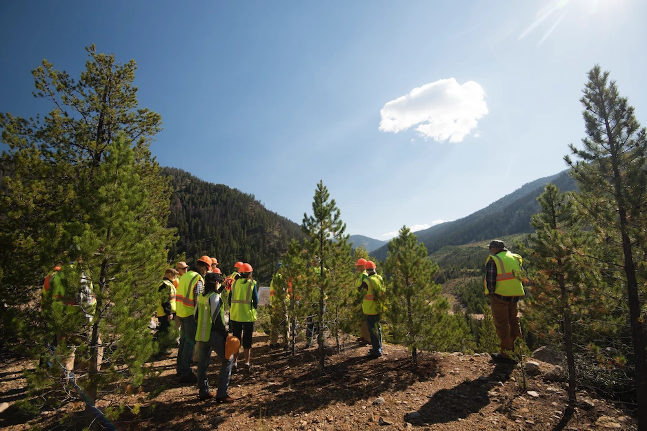 Field workers overlooking a mountain view